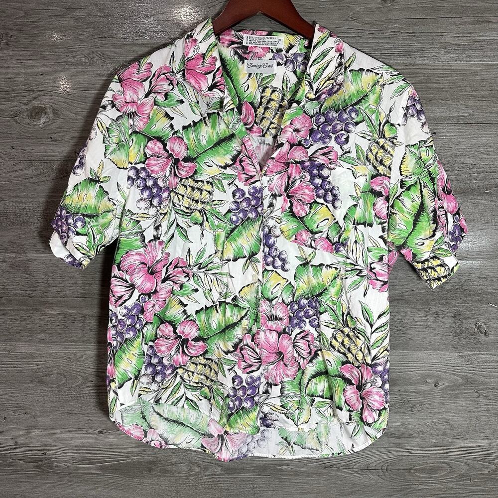 Vintage Clothing -‎ Button Up Polo Green White Stripes - Carriage Court - Medium